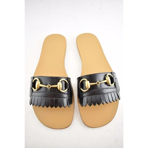 Gucci Varadero Black Horsebit Gold Fringed Slide Mule Slipper Flat Sandal 35 - Picture 8 of 12